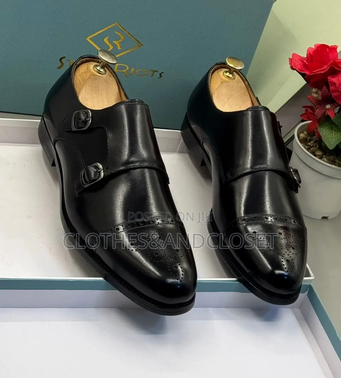 Black Leather Steve Riots Monk Strap Shoes With Silver Buckles