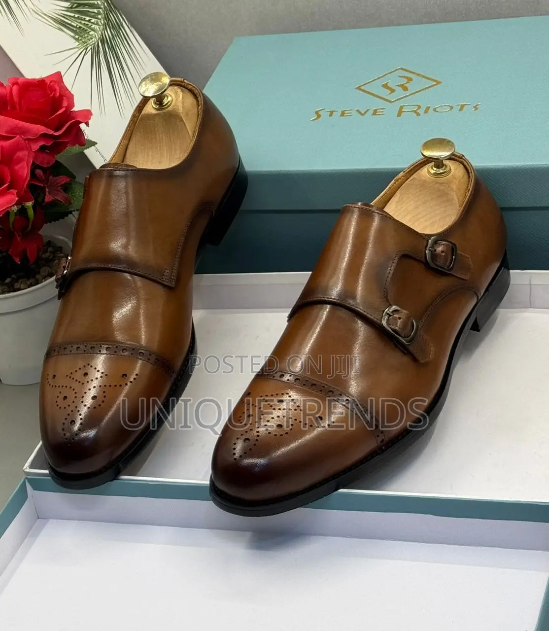 Executive Steve Riots Double Monk Strap Leather Shoes (Brown)