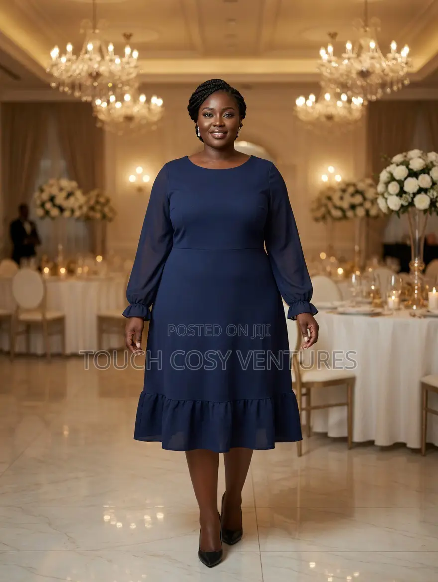Luxe Navy Long Sleeve Ruffle Midi Dress