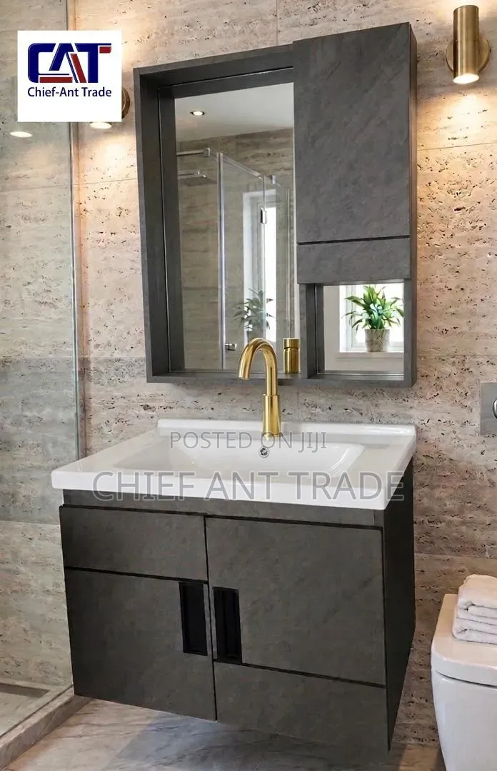 Grey Hand Wash Basin With Cabinet Mirror 60cm