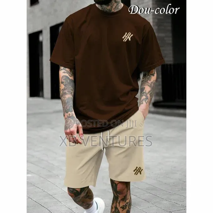 2-in-1 Short Sleeved T-Shirt and Shorts Set - Brown Apricot / White