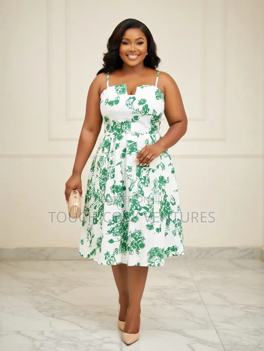 Fresh Green White Floral Print Spaghetti Strap Midi Dress