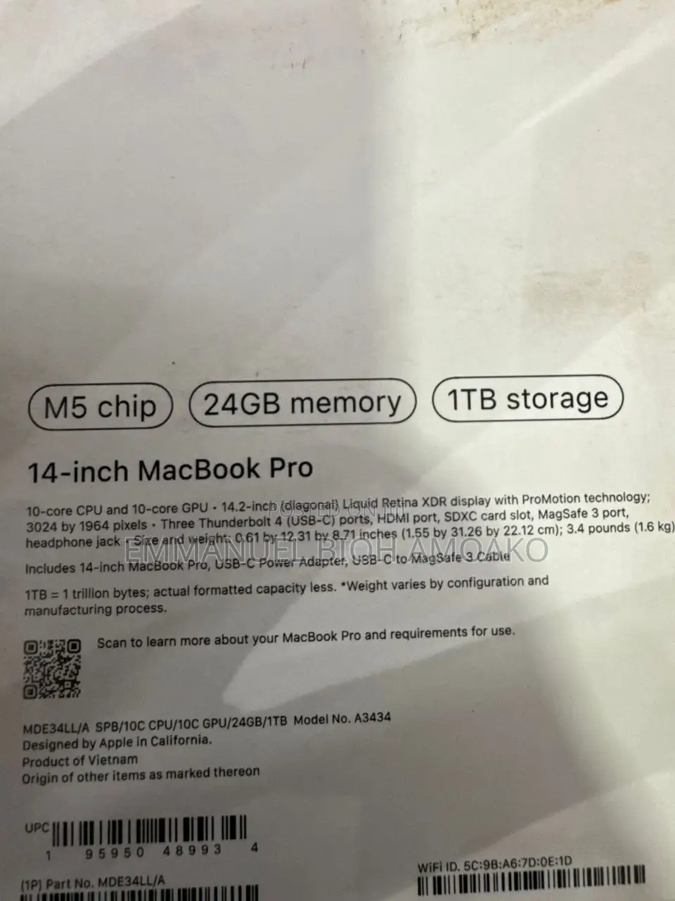 New Laptop Apple MacBook Pro 2025 M5 24GB Apple M5 SSHD+SSD 1T