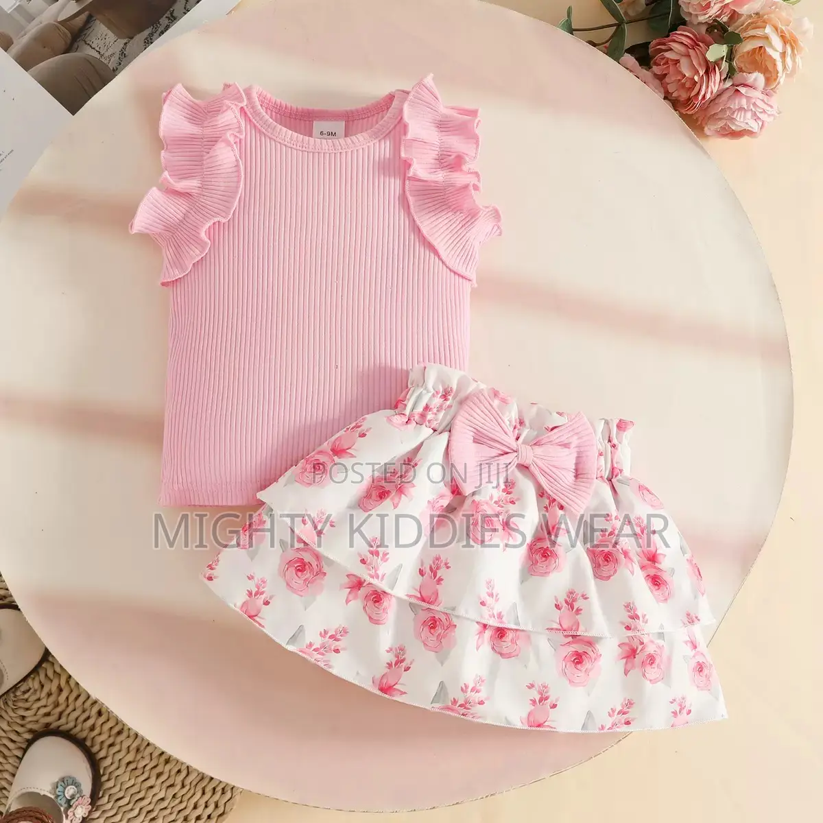Girl Ruffled Sleeveless Top + Floral Bow Skirt Set Age 12-18m/3yrs