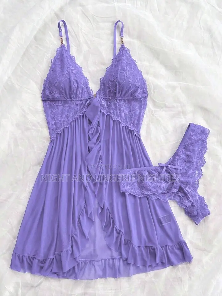 Women Solid Lace Camisole Nightie With Matching Lace Panty