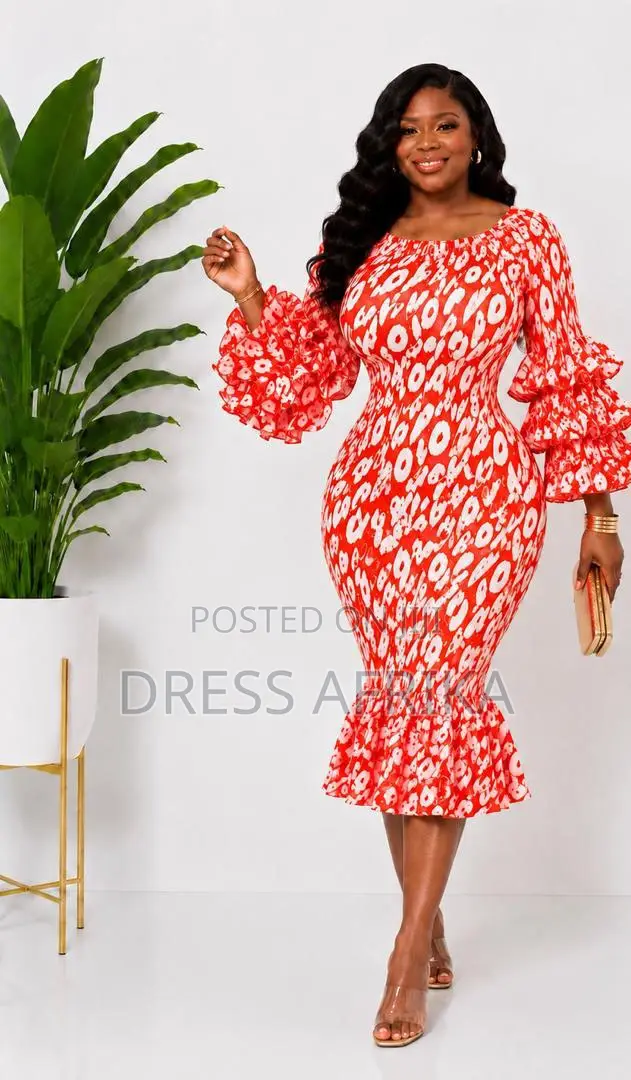 Beautiful Red and White African Print Smocked Midi Dress
