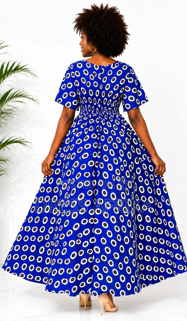 Stunning Royal Blue African Print Smocked Maxi Dress