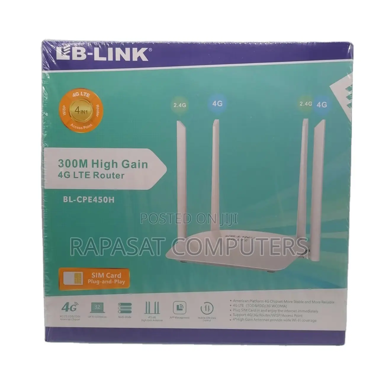 Lb-Link Bl-Cpe450h 300m4g Lte Sim Card Router(2 Lan 1 Wan,4 Antenna)