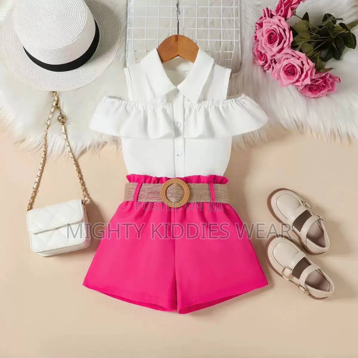 Girls Off-Shoulder Ruffle Top Shorts Belt Three-Piece Age 2-4yrs Only