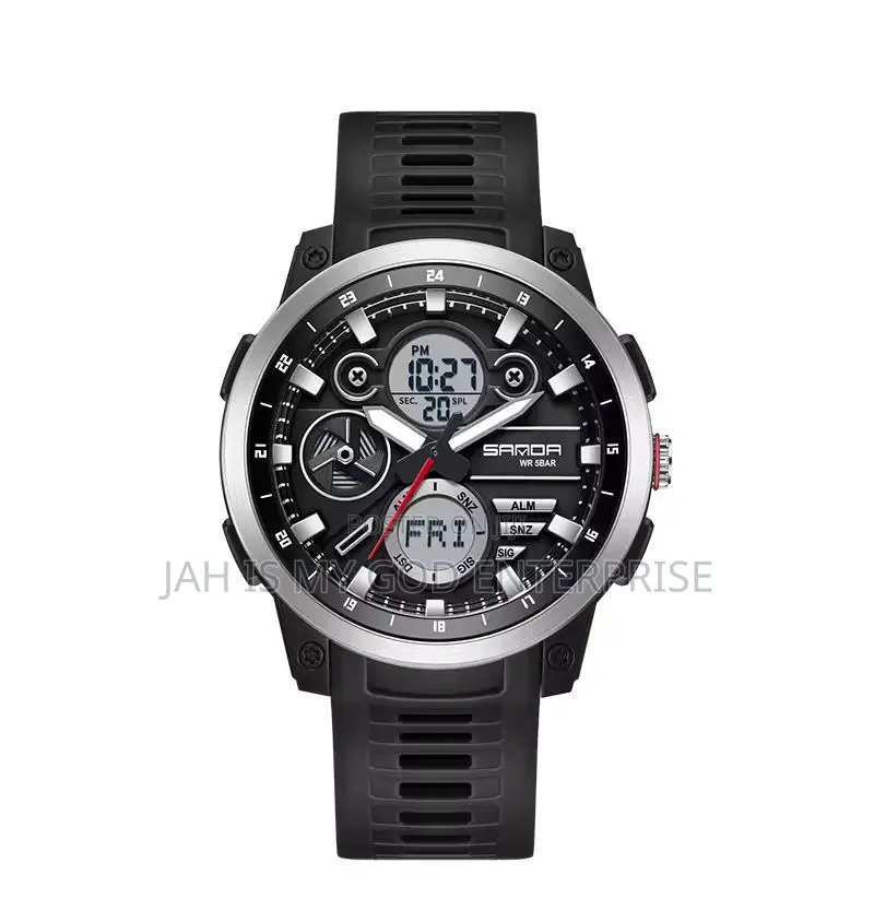 Sanda Sport Tpu Strap Waterproof Quartz Dual Display Wristwatch-Black