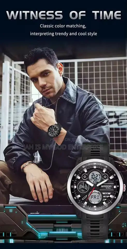 Sanda Sport Tpu Strap Waterproof Quartz Dual Display Wristwatch-Black