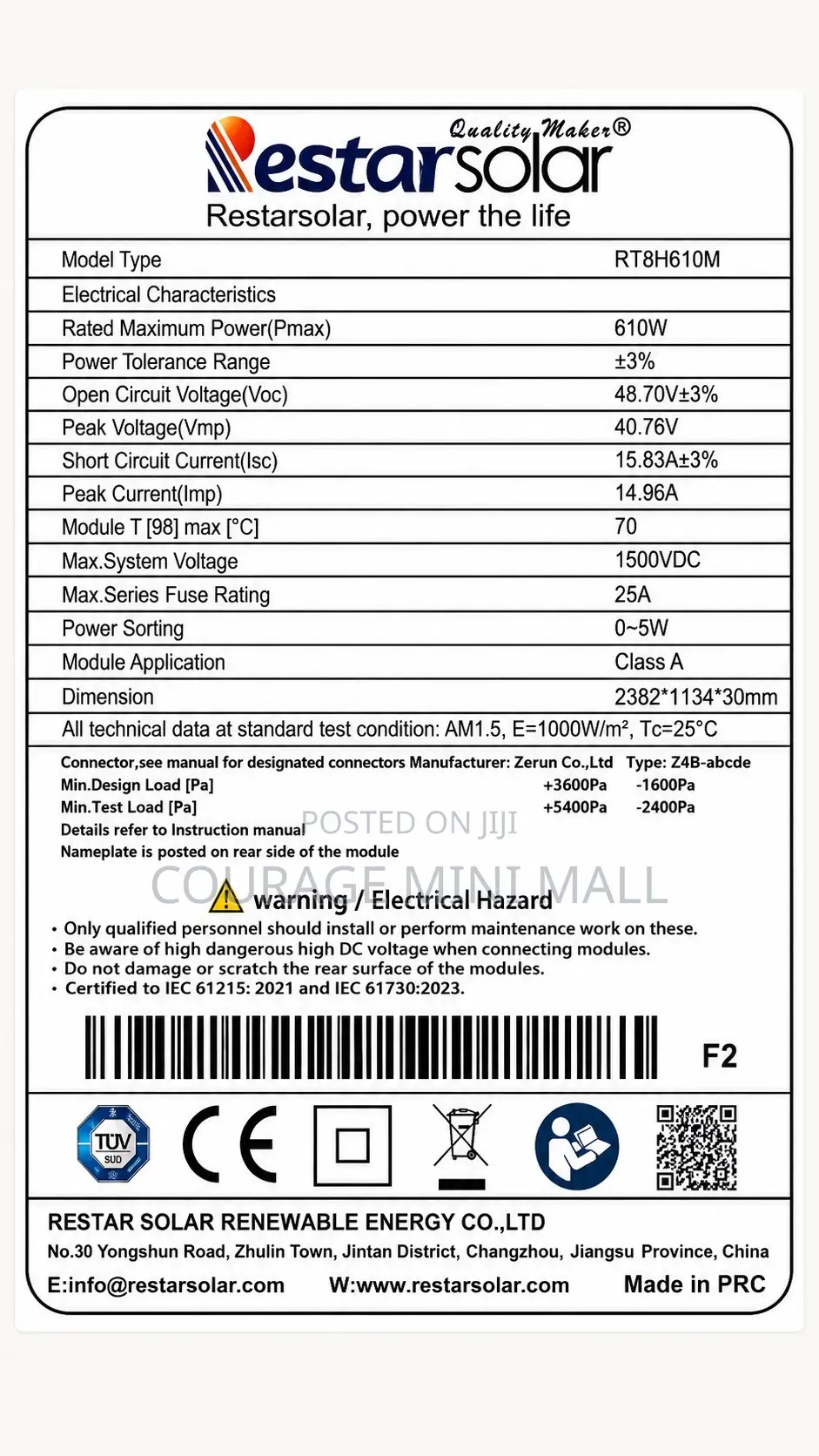 Restar 610w Mono Crystalline Solar Panel