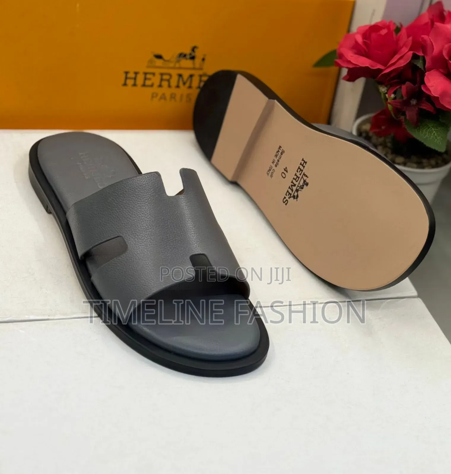 Grey Colour Men's Hermes Leather Slippers