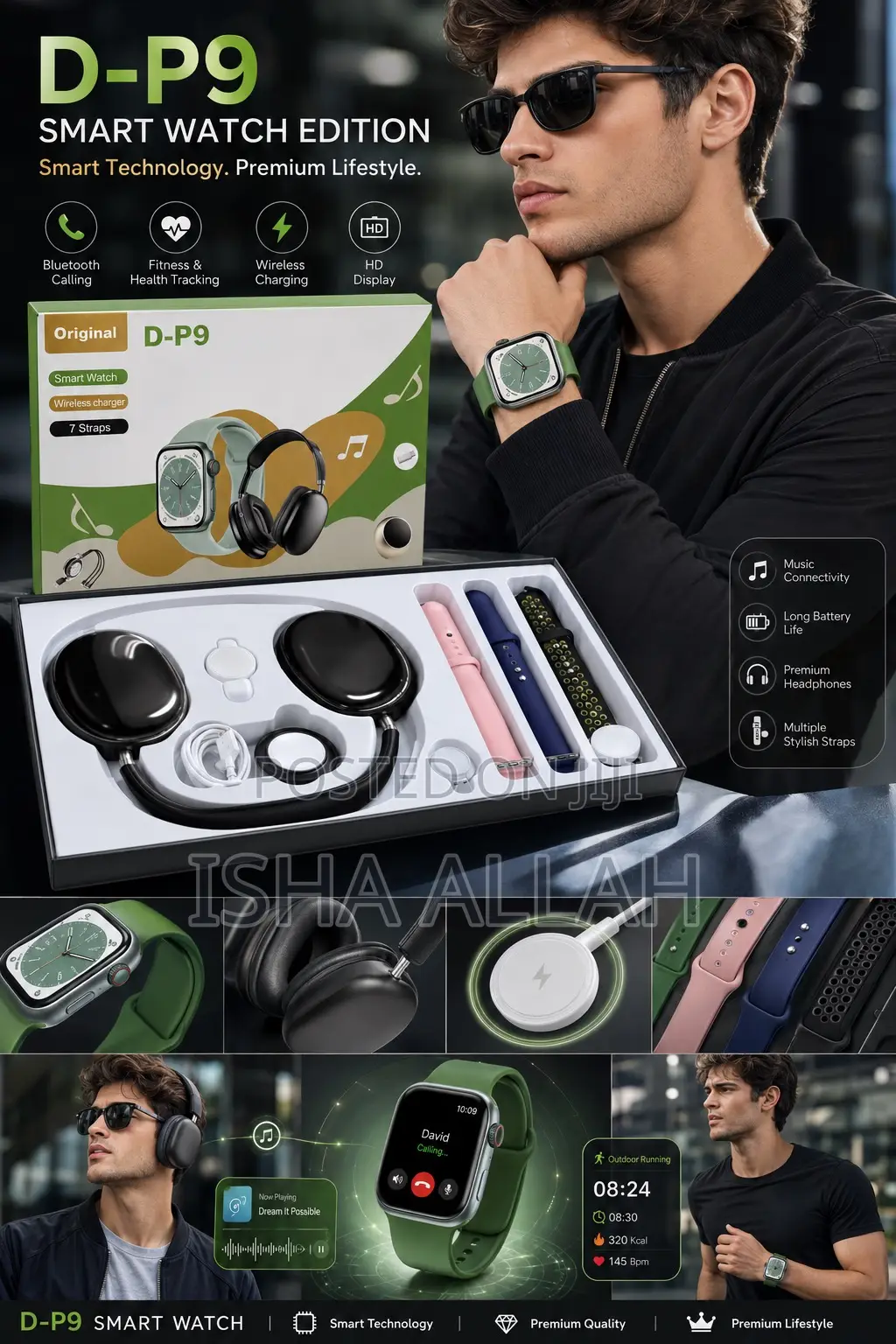 D-P9 Smart Watch. Watch , Headphones. Speaker . 7 Straps