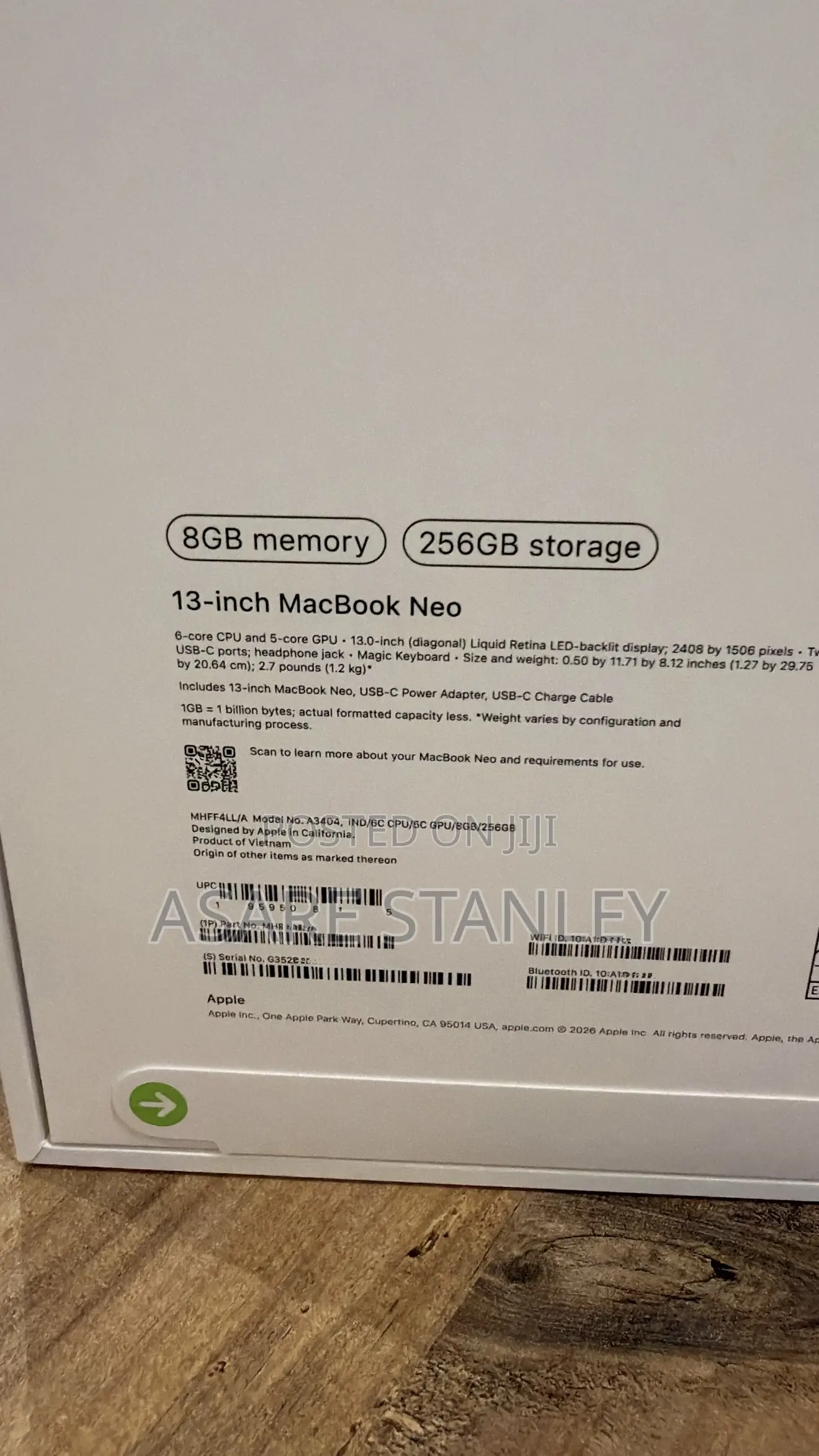 New Laptop Apple MacBook Neo 2026 8GB SSD 256GB