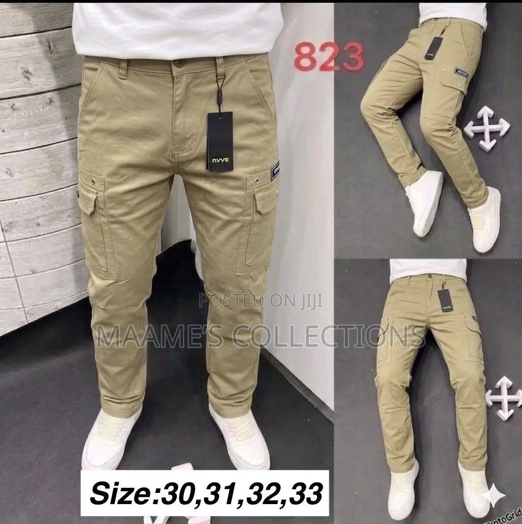 Men’S Khaki Cotton Cargo Pants With Side Pockets