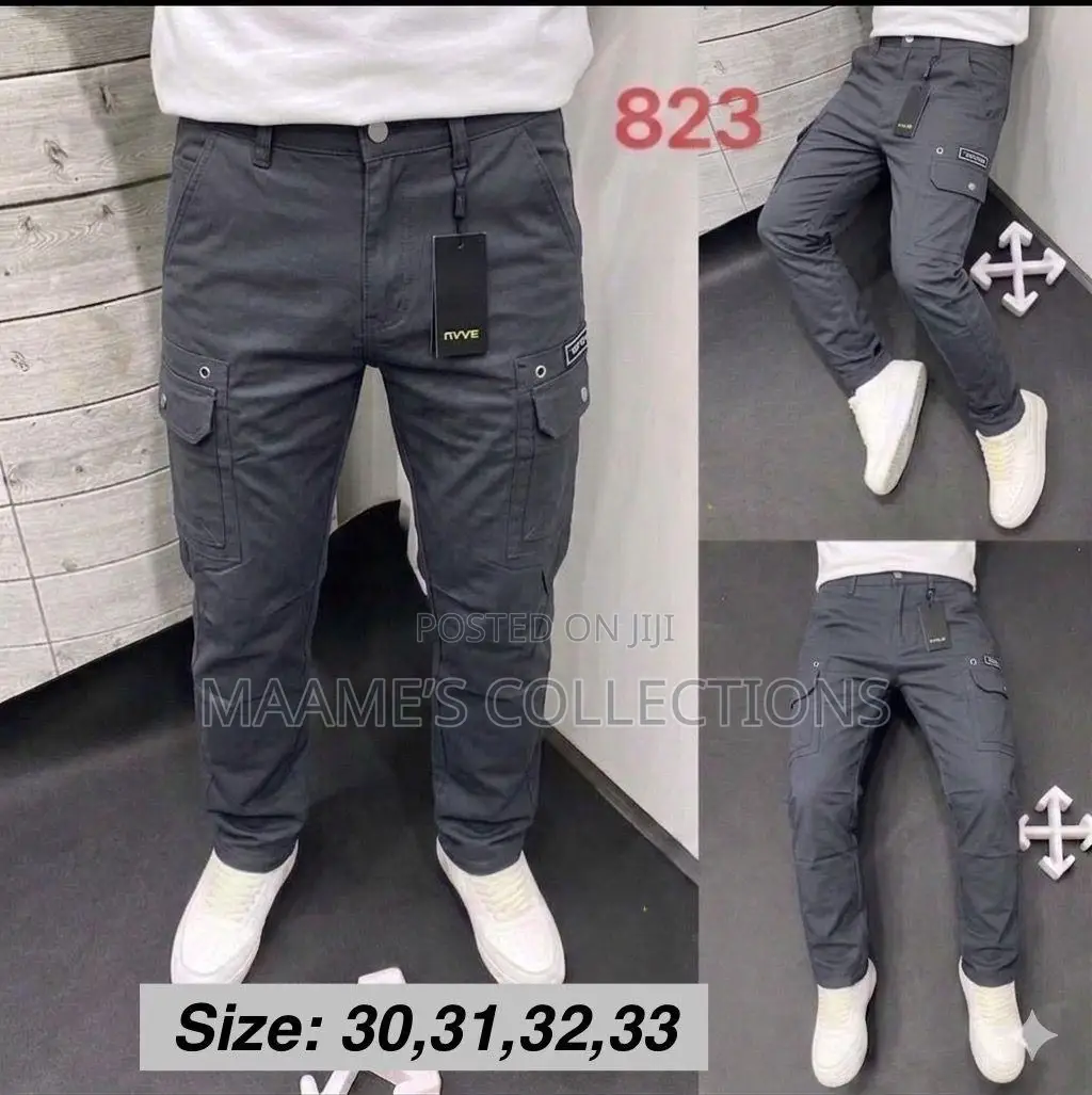 Men’S Khaki Cotton Cargo Pants With Side Pockets