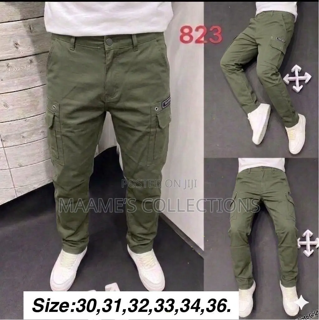 Men’S Khaki Cotton Cargo Pants With Side Pockets