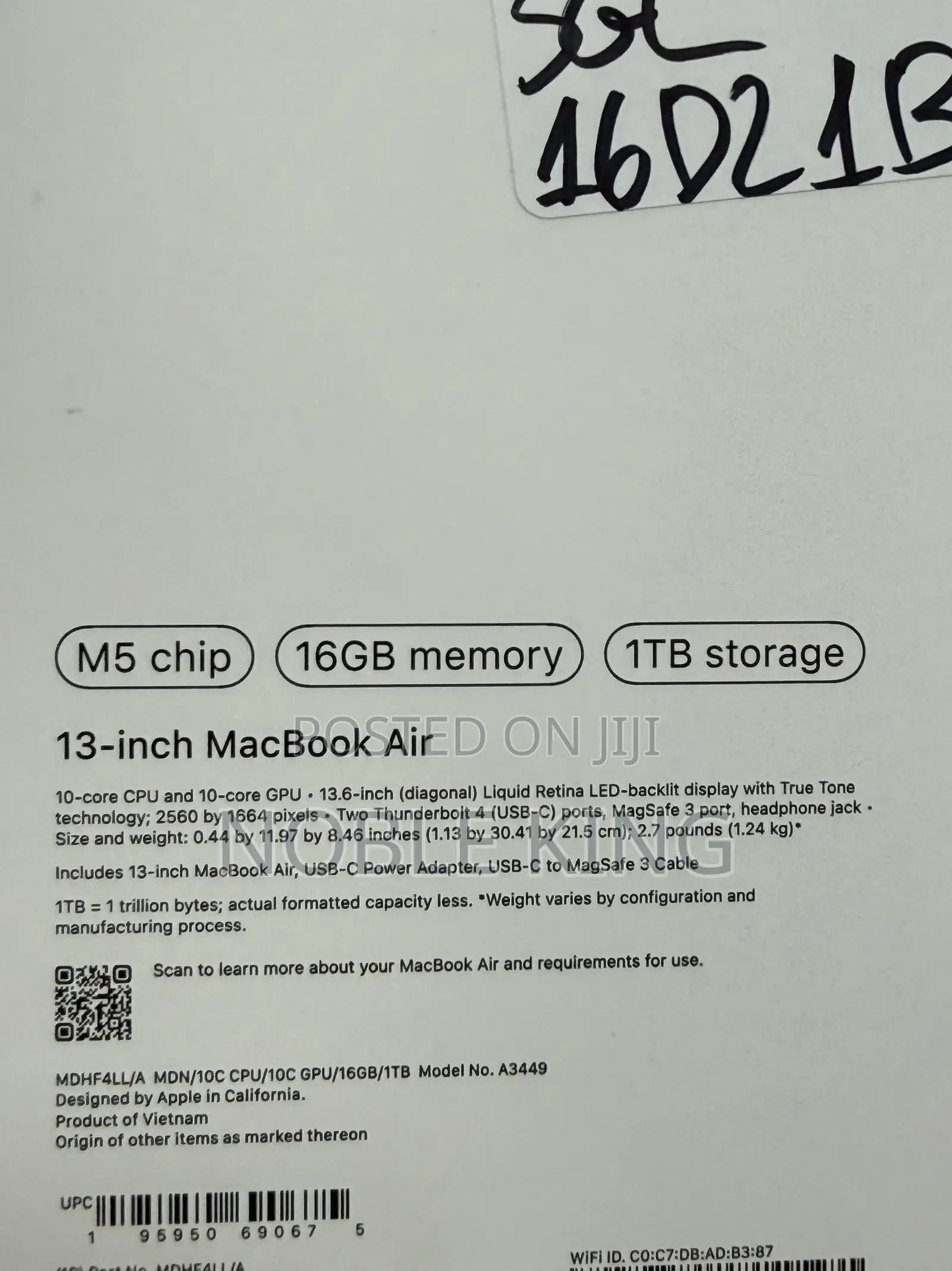 New Laptop Apple MacBook Air 2026 M5 13-inch 16GB Apple M5 SSD 1T