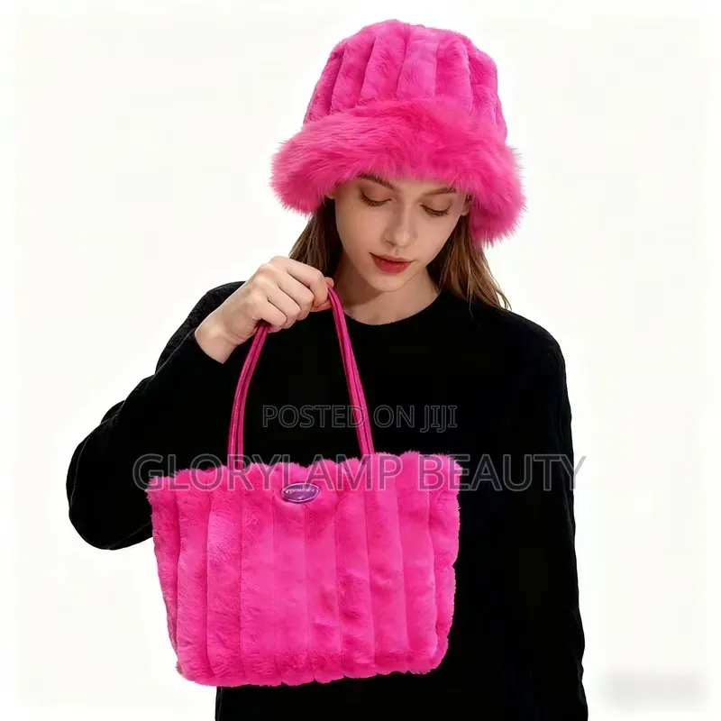 Women's Luxury Faux Fur Bucket Hat And Tote Bag 2-piece Set – Black