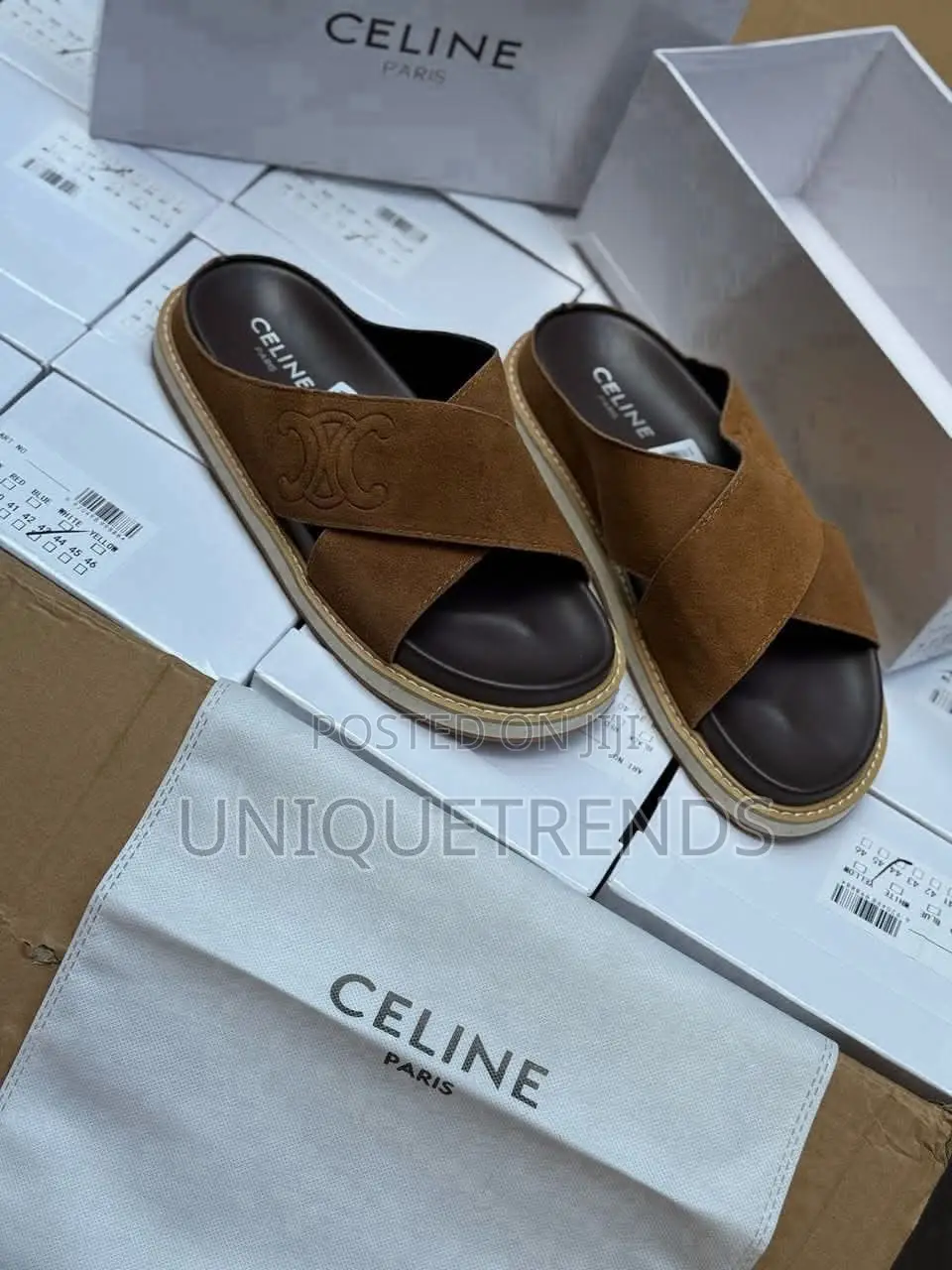 Quality Celine Crossover Suede Leather Slippers (Brown)