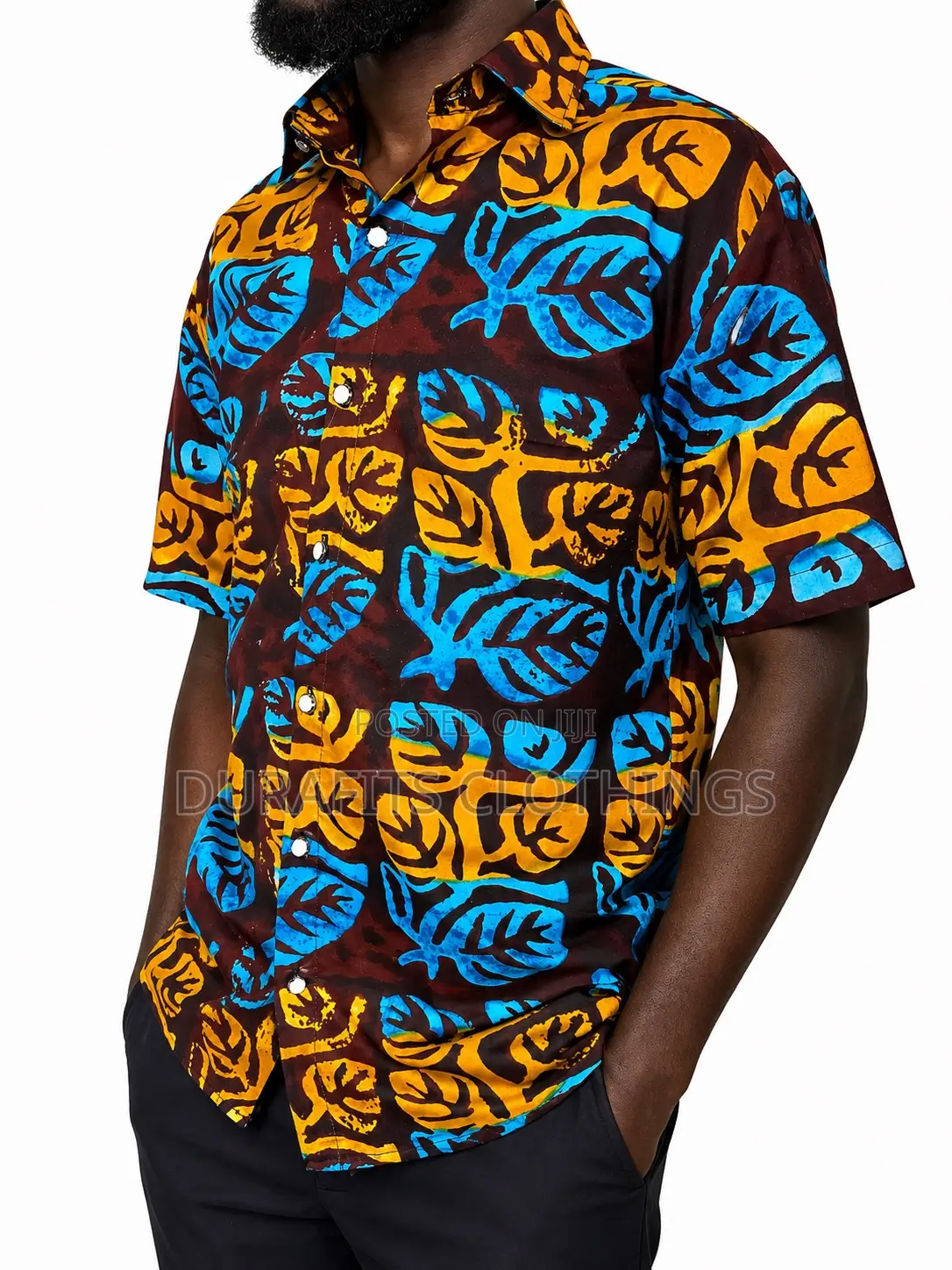 Men’S Premium African Print Short Sleeve Shirt - Leaf Pattern