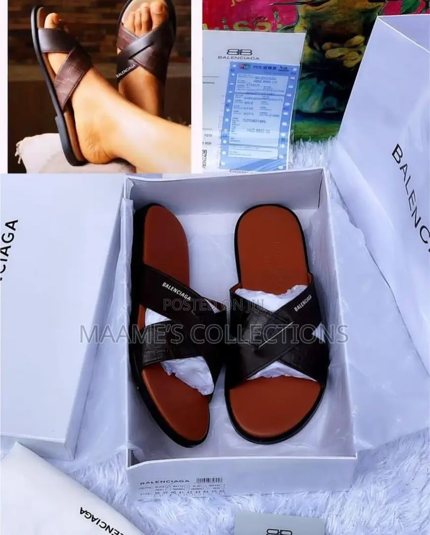 Balenciaga Men's Black Leather Slides / Slippers / Sandals