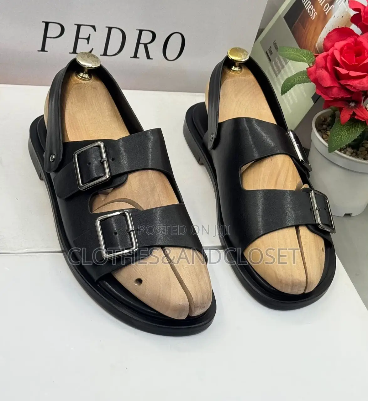 Brown Leather Pedro Brand Sandals Feature a Double Buckle Design