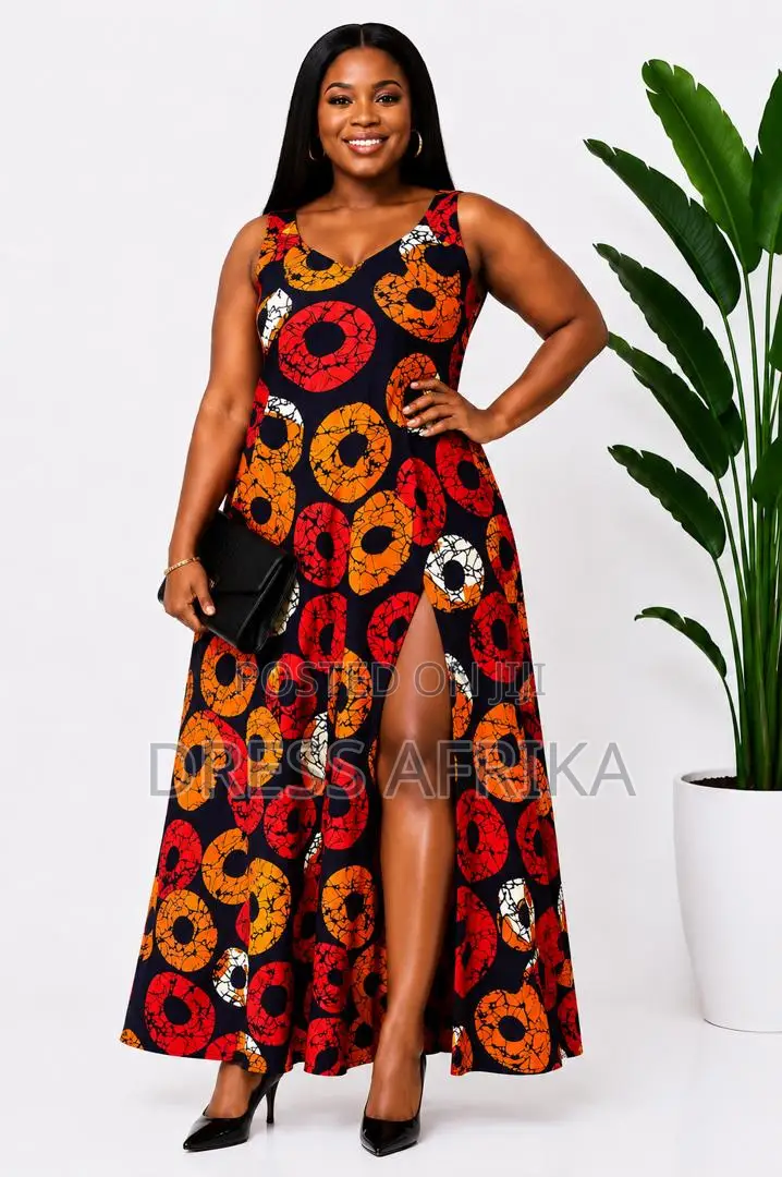 African Print Navy Orange Print Maxi Dress(With Split/Without Split)