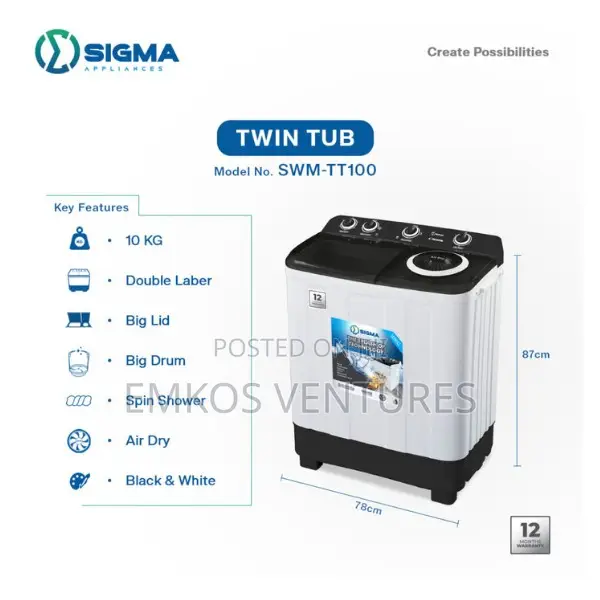 Sigma 10 Kg Twin Tub, Semi-Automatic Washing Machine