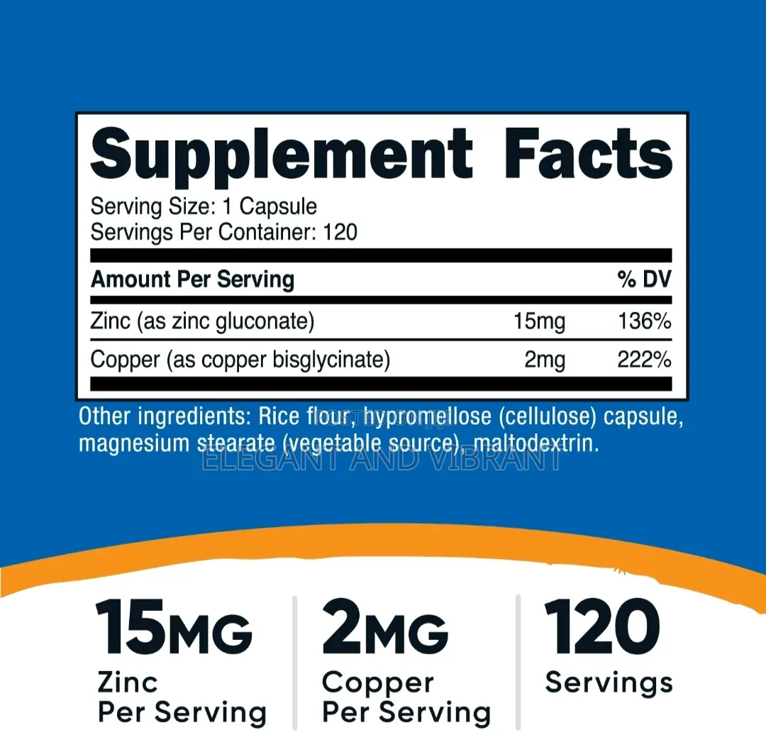 Zinc + Copper Capsules (120 Count) - 15mg Zinc + 2mg Copper Per Servin