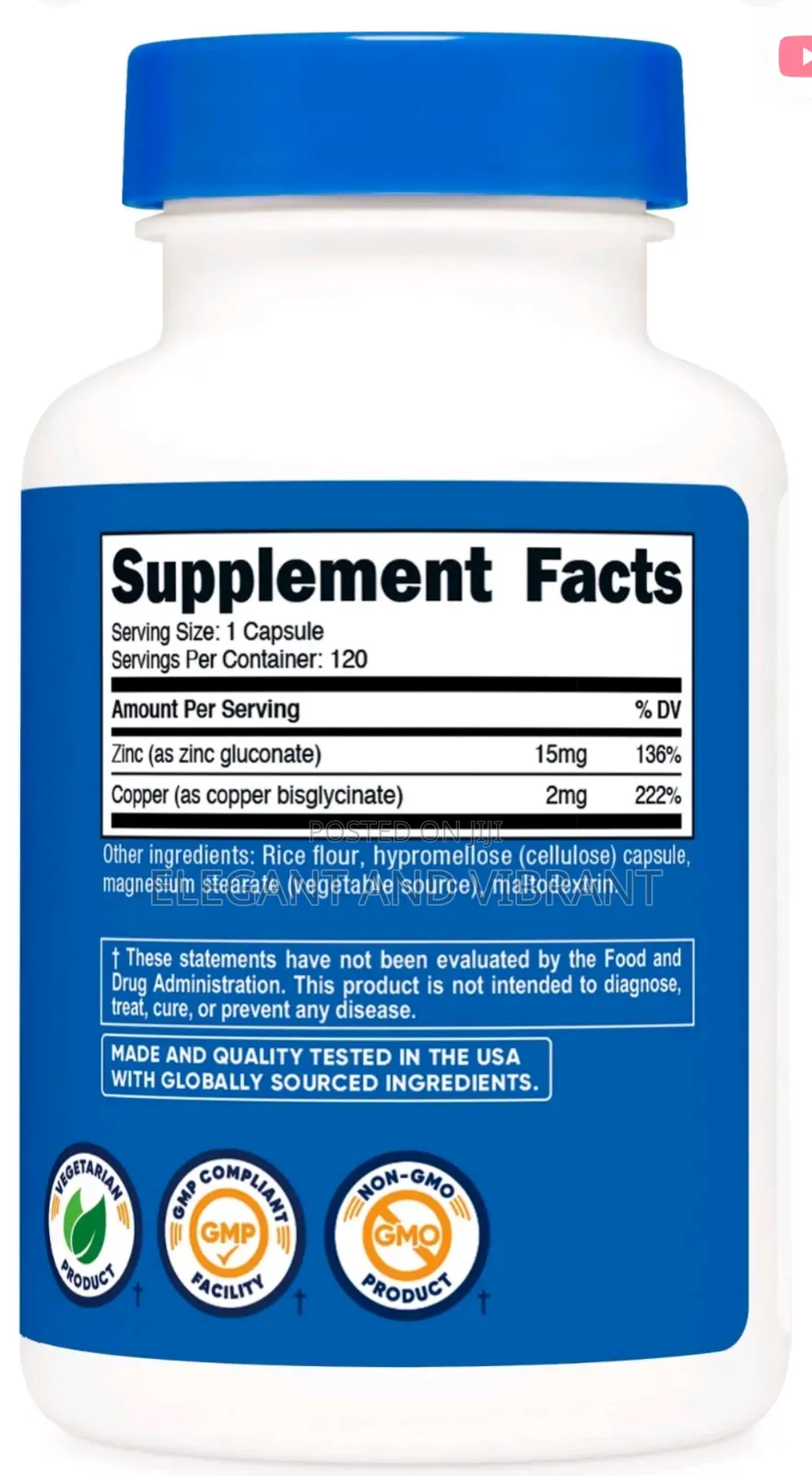 Zinc + Copper Capsules (120 Count) - 15mg Zinc + 2mg Copper Per Servin