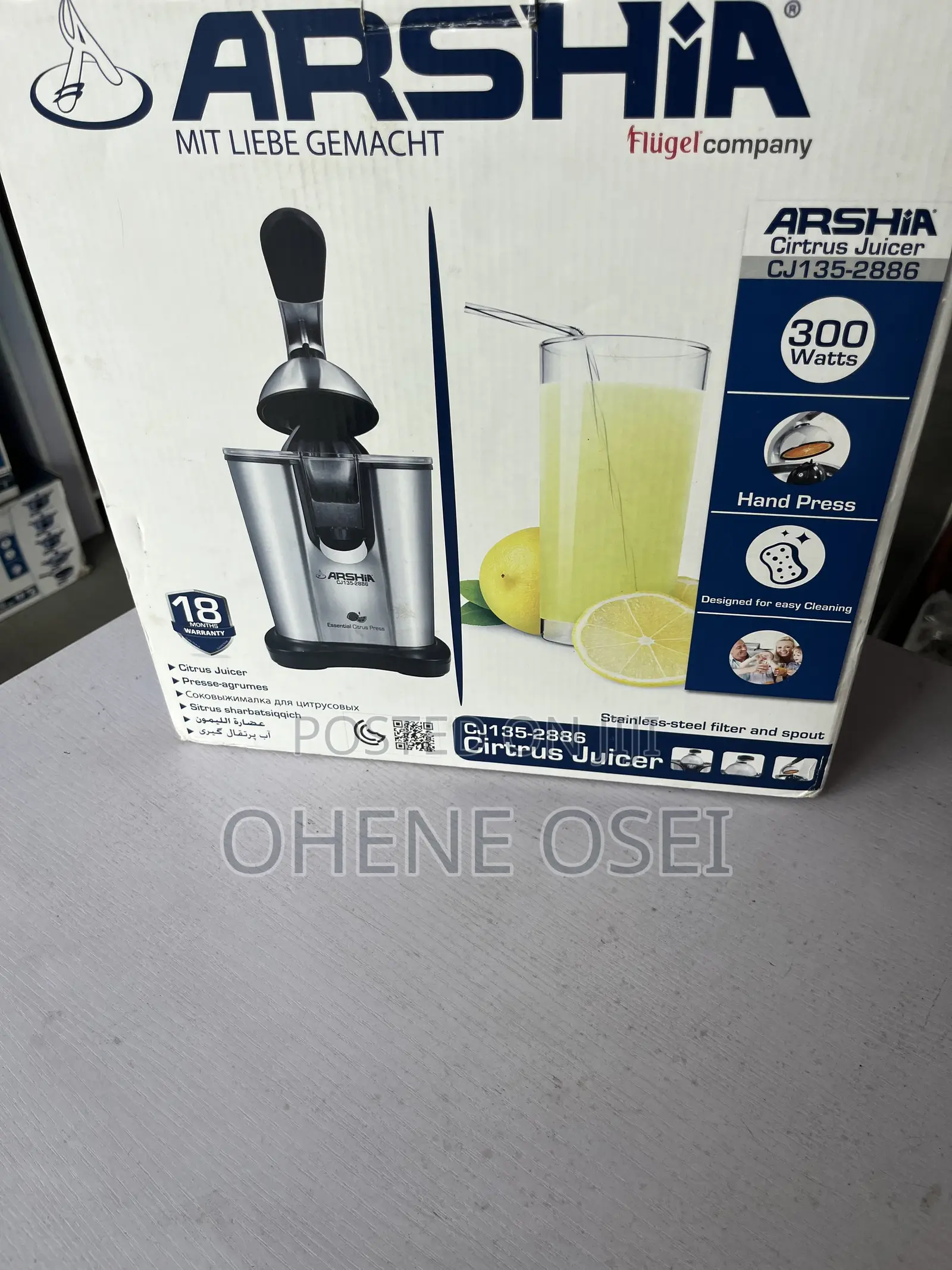 Arshia Electric Citrus Juicer 300w – Stainless Steel Hand Press
