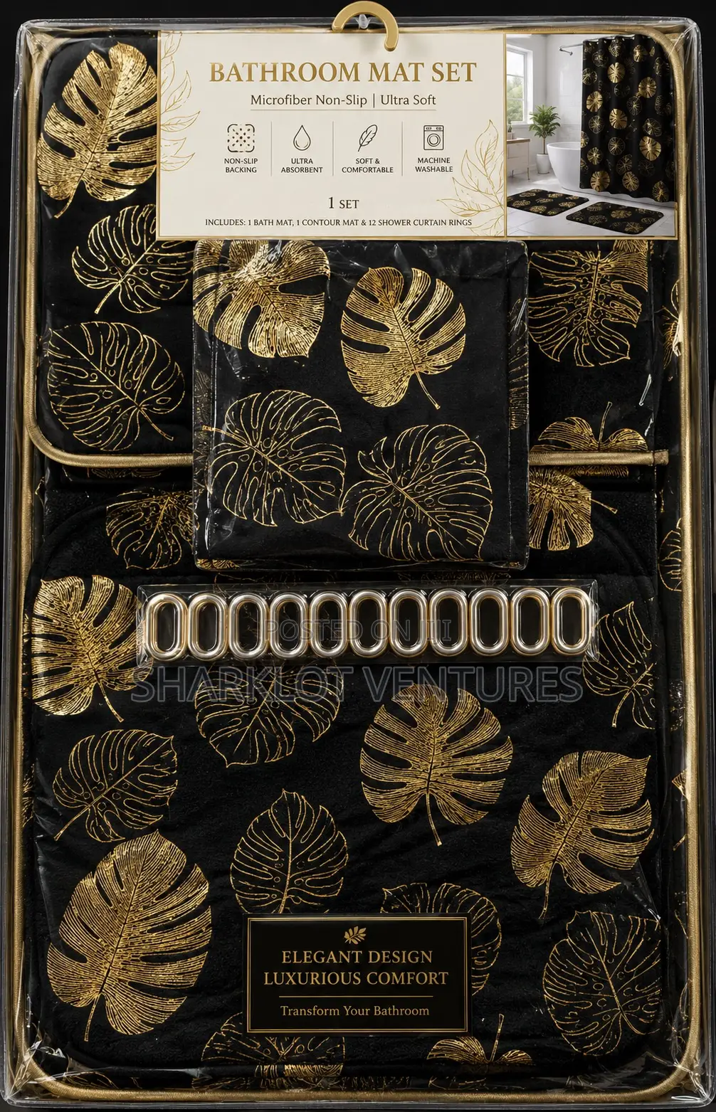 Golden Black Bathroom Mat Set