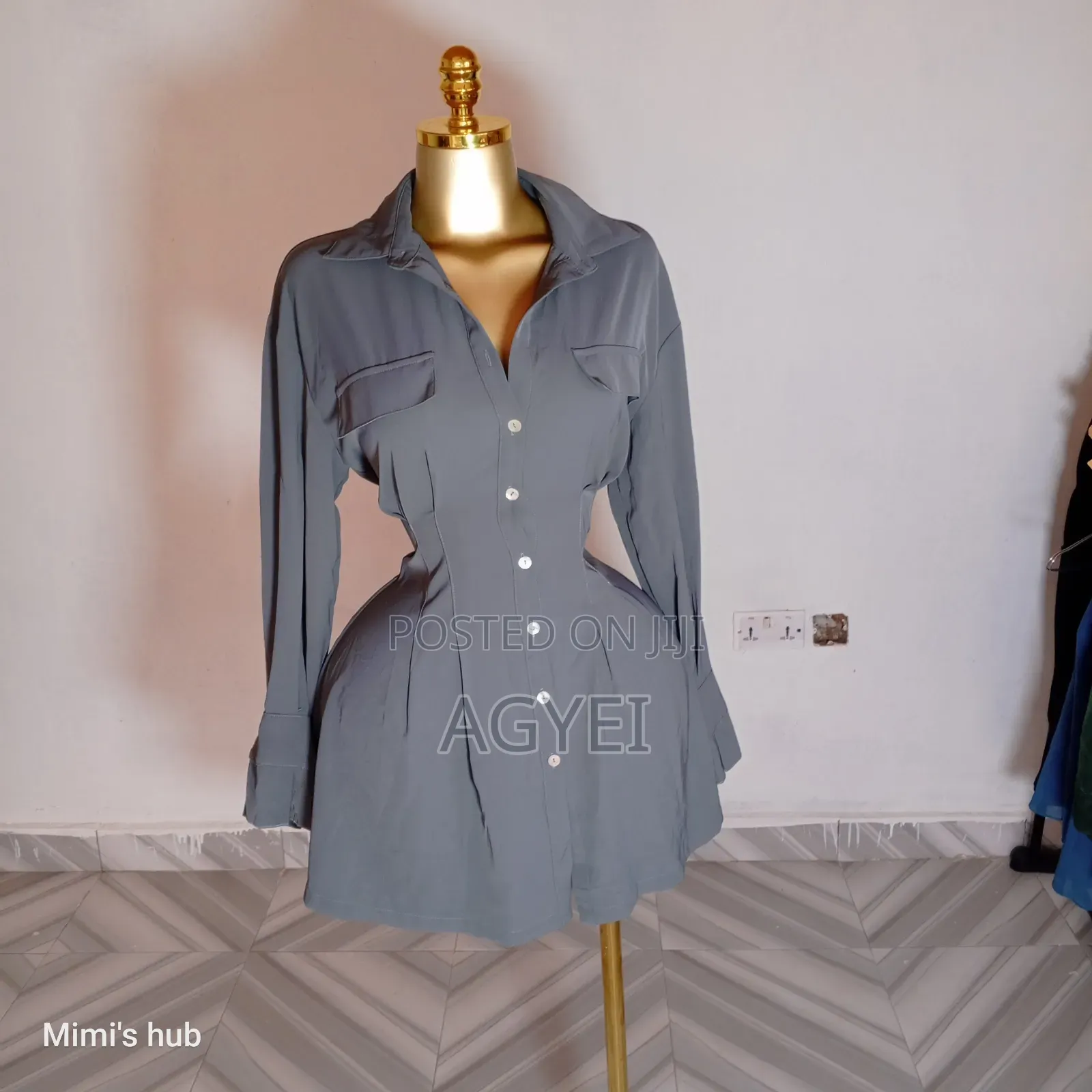 Chic Slate Grey Button-Down Shirt Dress With Pleated Waist