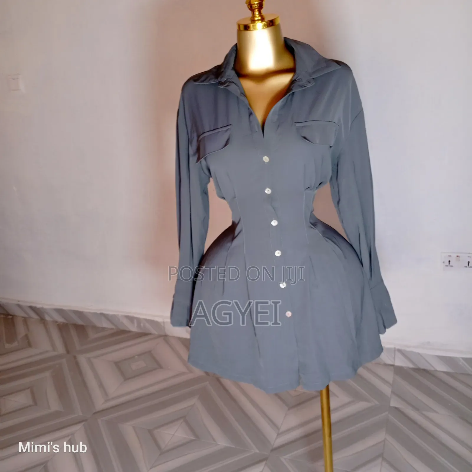 Chic Slate Grey Button-Down Shirt Dress With Pleated Waist