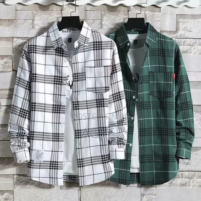 Men’S 2-Piece Long Sleeve Plaid Shirts – White Green
