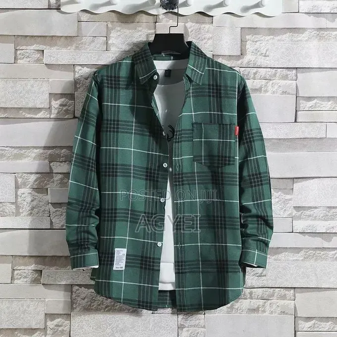Men’S 2-Piece Long Sleeve Plaid Shirts – White Green