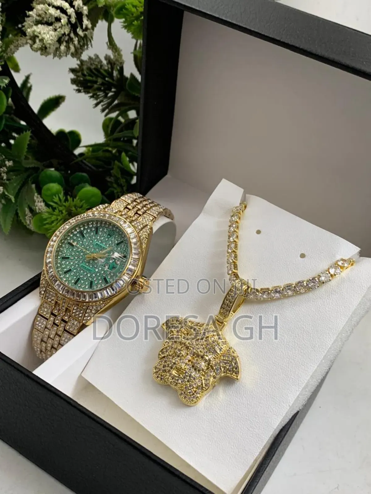 Iced Watch Necklace With Pendant Set for Men – Gift Set