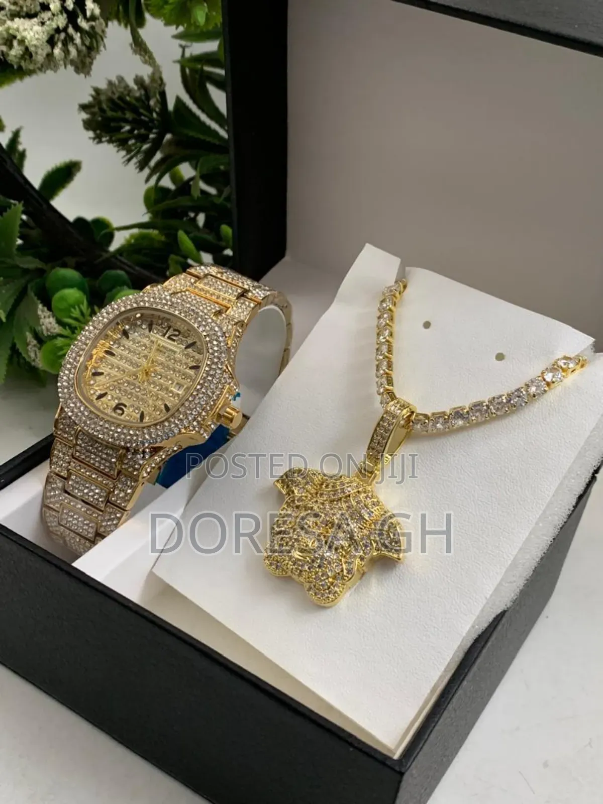 Iced Watch Necklace With Pendant Set for Men – Gift Set