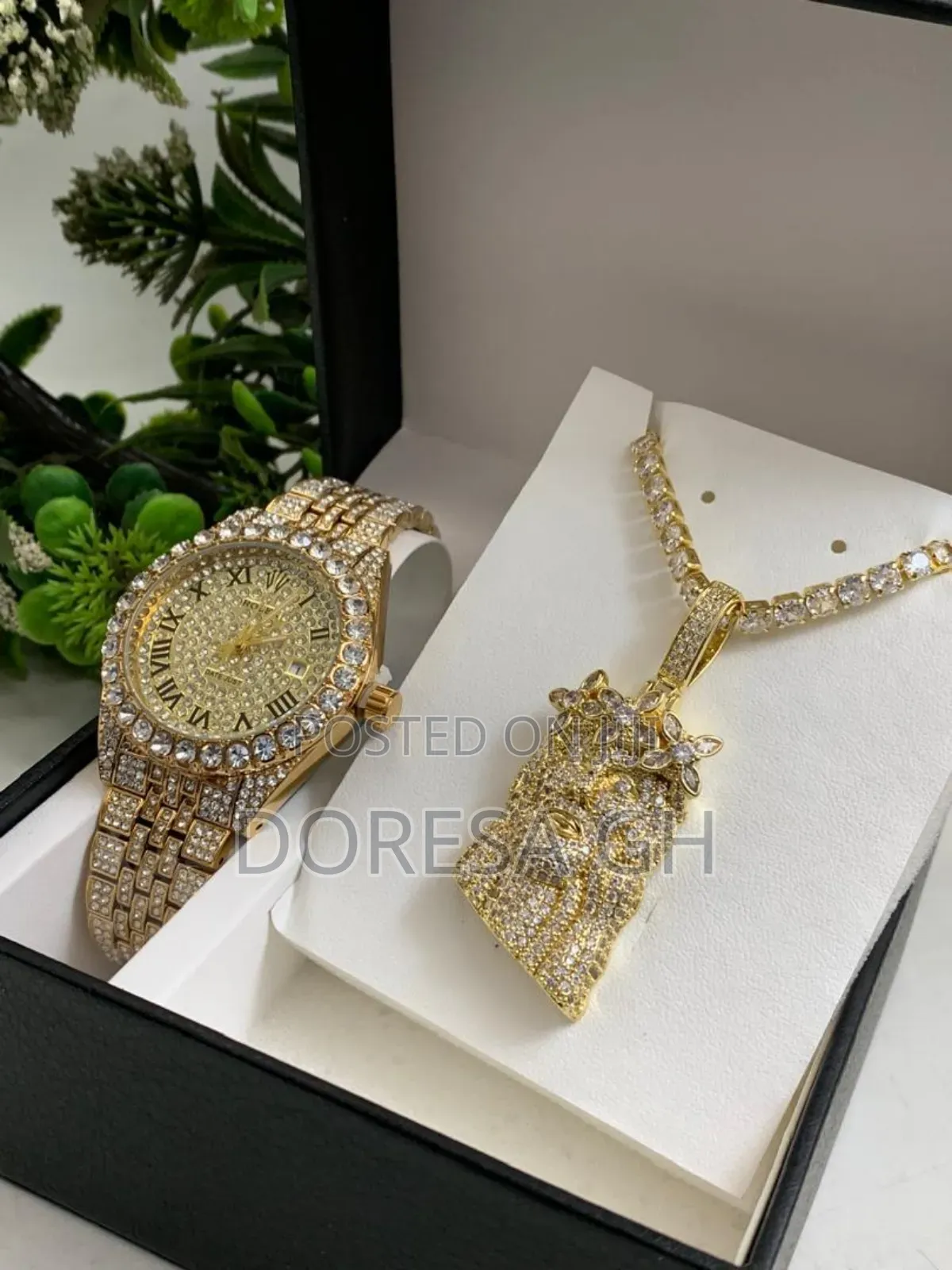 Iced Watch Necklace With Pendant Set for Men – Gift Set