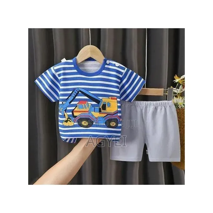 2pcs/Set 1-6 Y Kids Cartoon Excavator Striped T-Shirt+Shorts