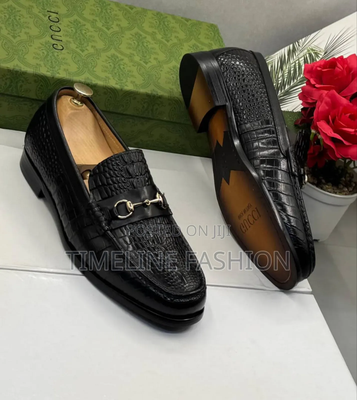 Black Croc Leather Gucci Men's Penny Loafers Shoes