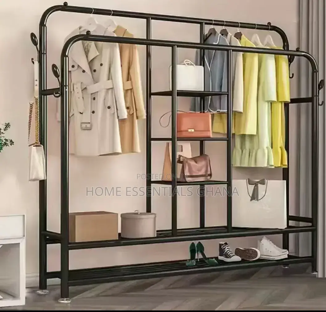 Double Pole Clothes Rack With Shelves Heavy Duty Organizer