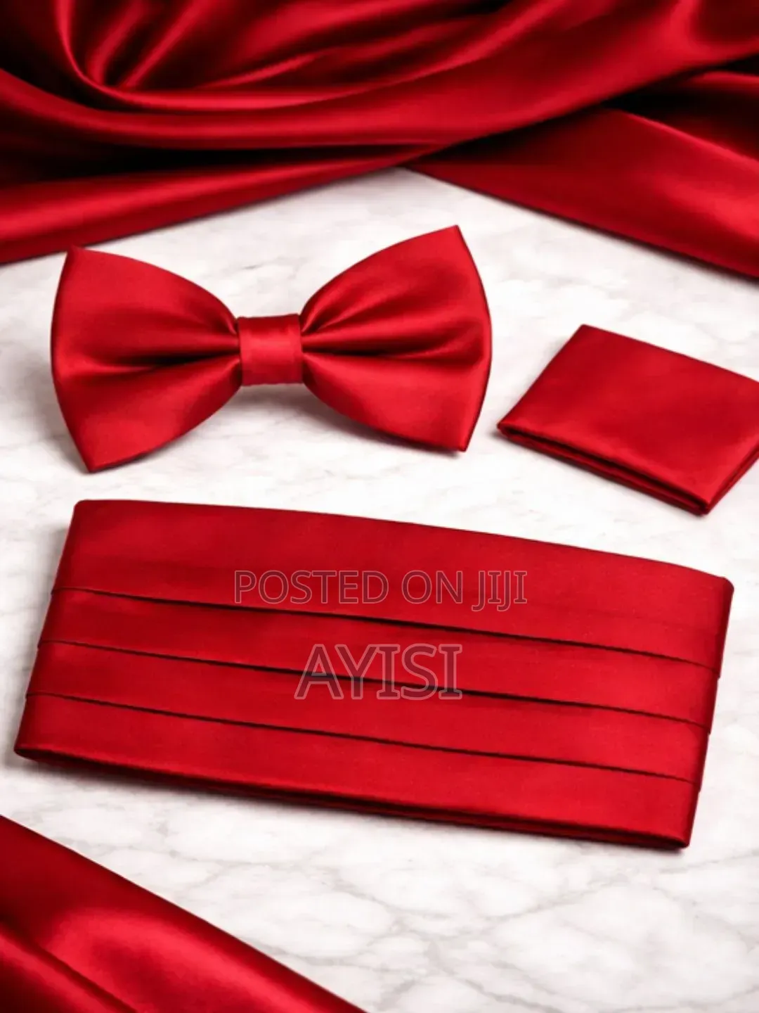 Bow Tie With 2 Pocket Square and Cummerbund Set - Red