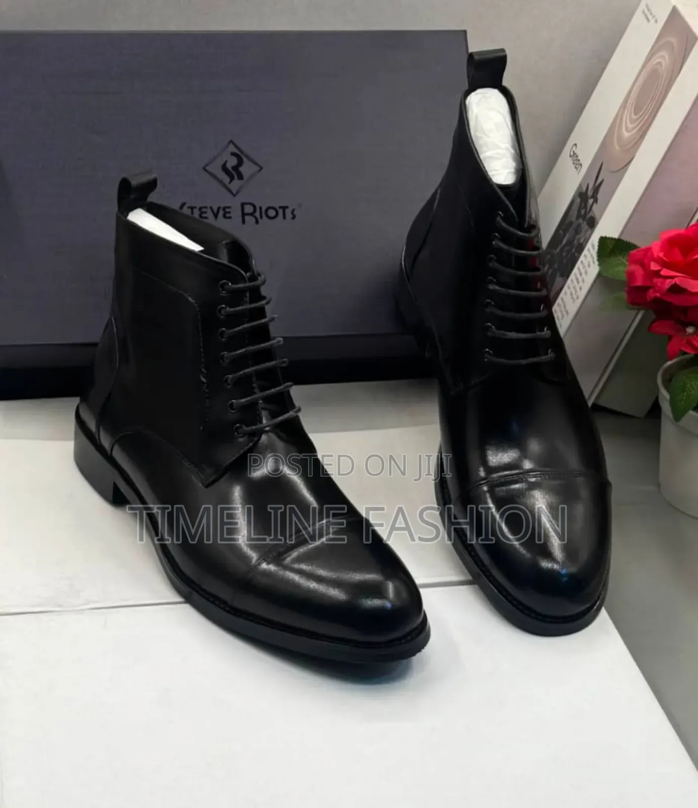 Steve Riot Black Leather Men's Ankle Lace Up Boots