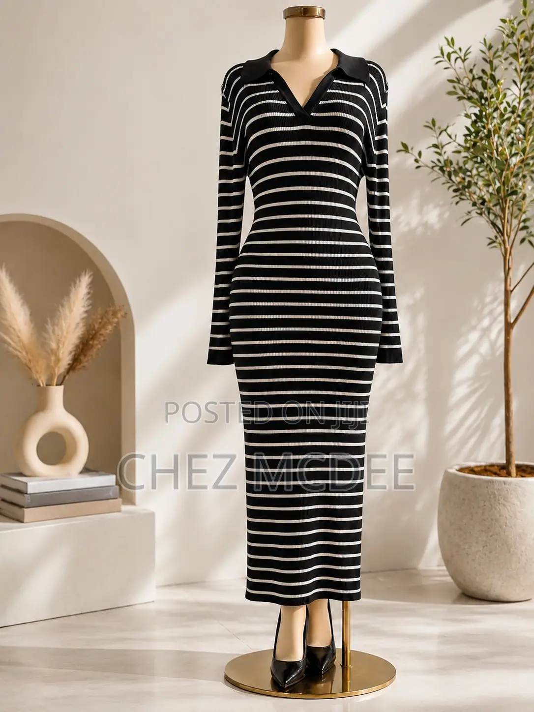 Black White Striped Midi Dress – Long Sleeve Knit | Chezmcdee