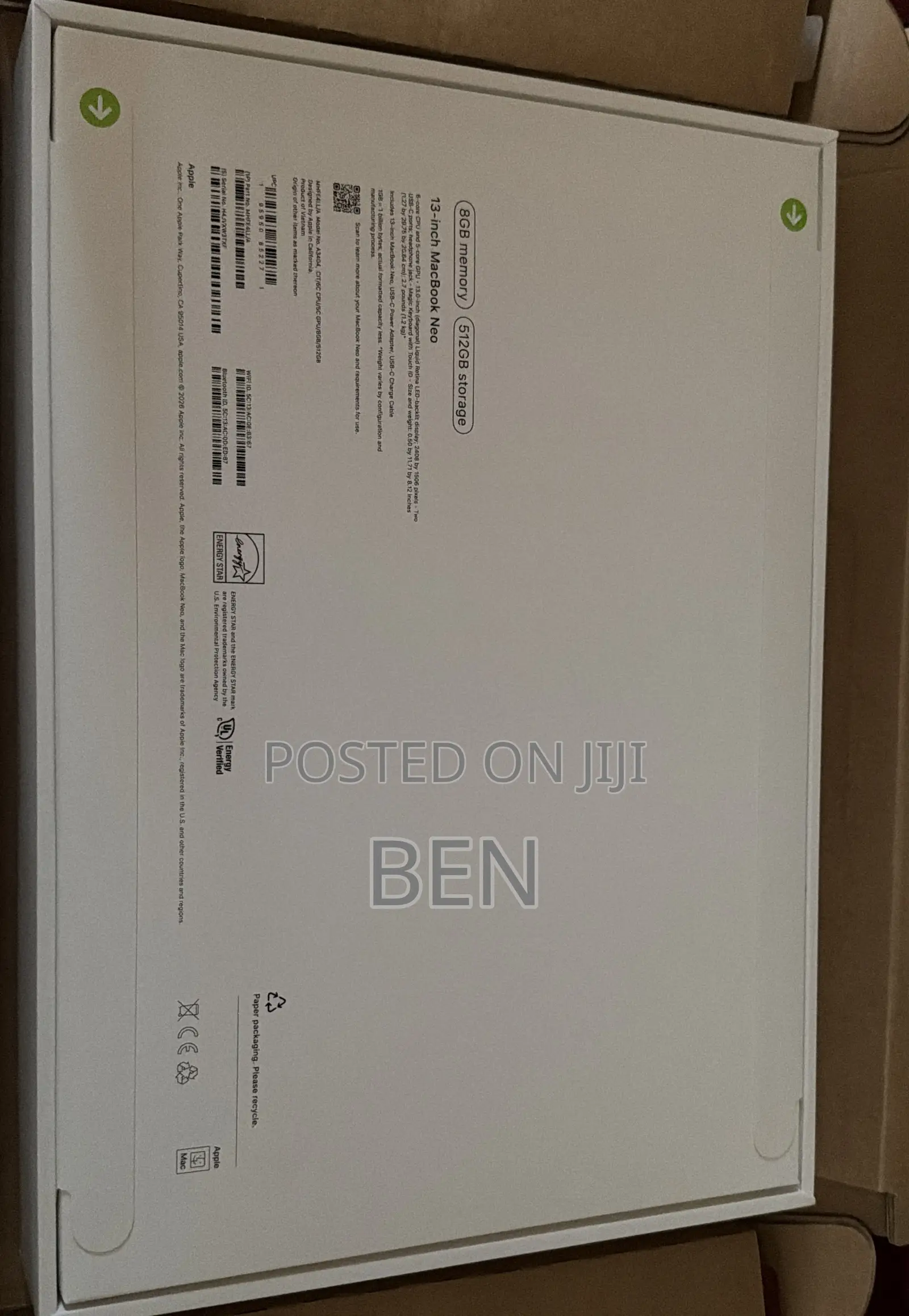 New Laptop Apple MacBook Neo 2026 8GB HDD 512GB