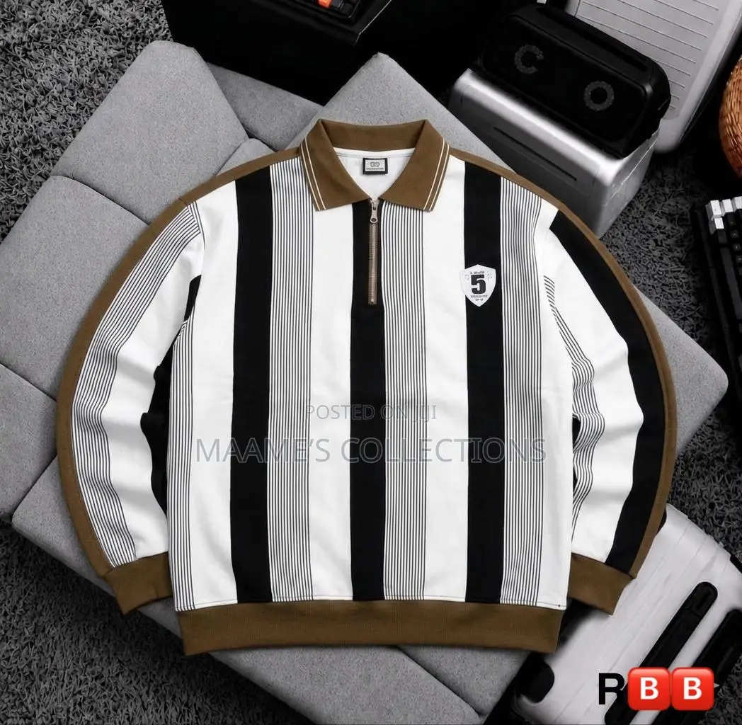 Men's Casual Striped Polo Shirt With Loose Fit and Stand-Up Collar.