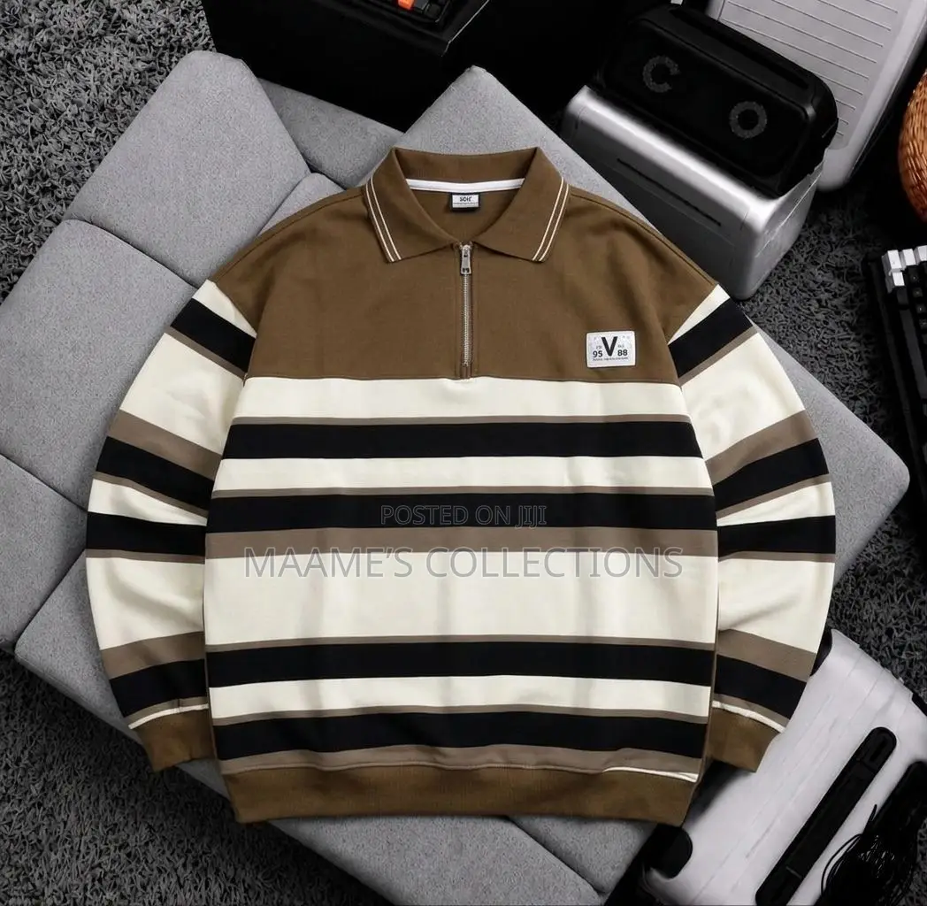 Men's Casual Striped Polo Shirt With Loose Fit and Stand-Up Collar.